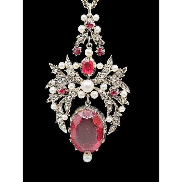 ART Jewelry Set Red Black Rhinestones Faux Pearl 22" Necklace & CIip On Earrings - Picture 5 of 16